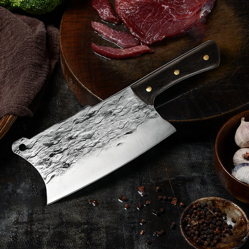 Handcrafted 8" Cleaver Knife – High Carbon Steel with Hammered Blade and Wooden Handle