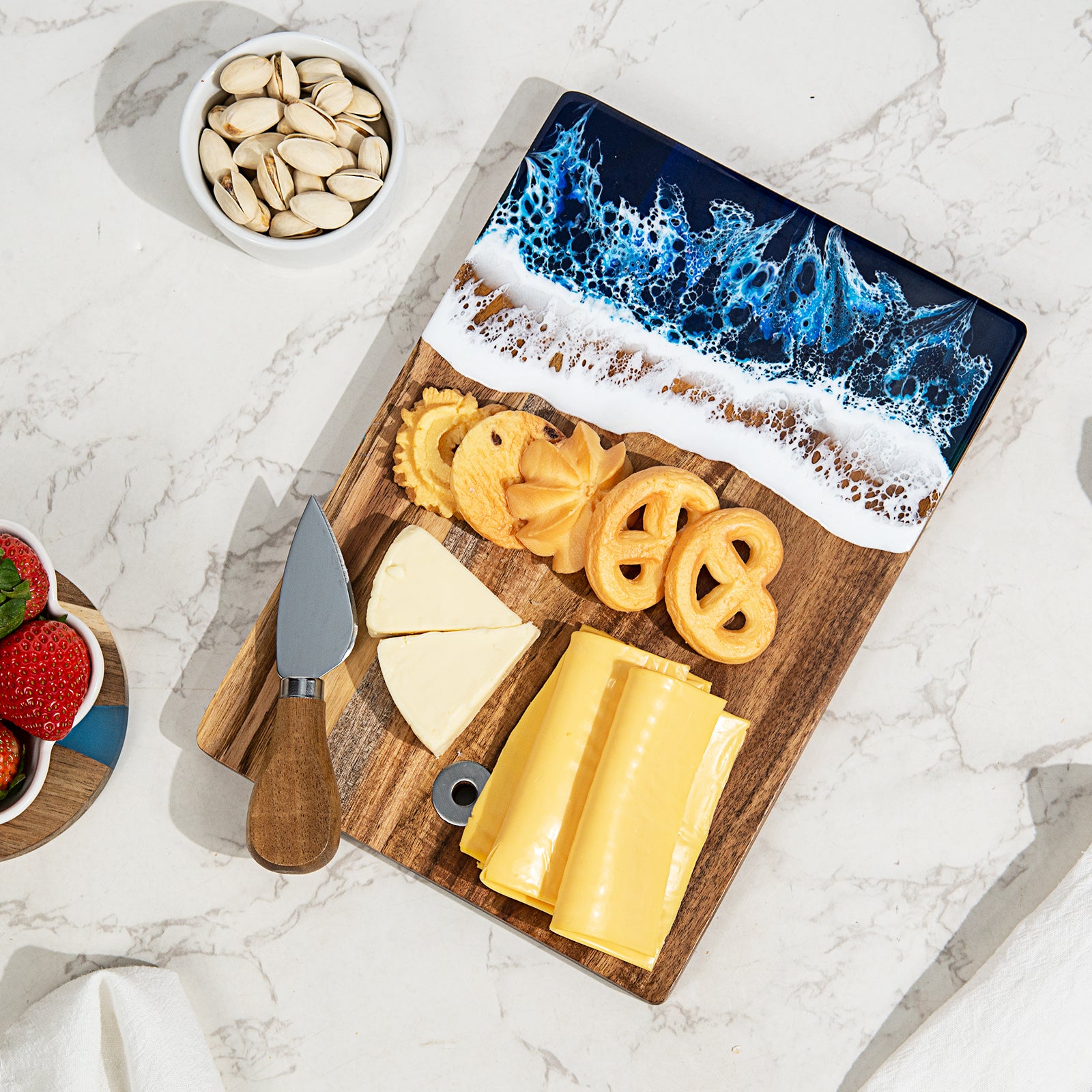 Handcrafted Acacia Wood Cutting Board with Ocean Wave Resin Inlay & Hanging Hole