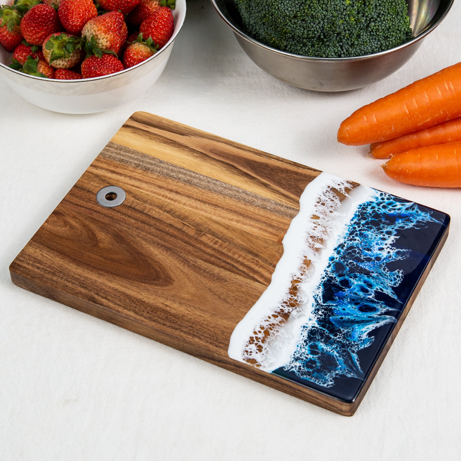 Handcrafted Acacia Wood Cutting Board with Ocean Wave Resin Inlay & Hanging Hole