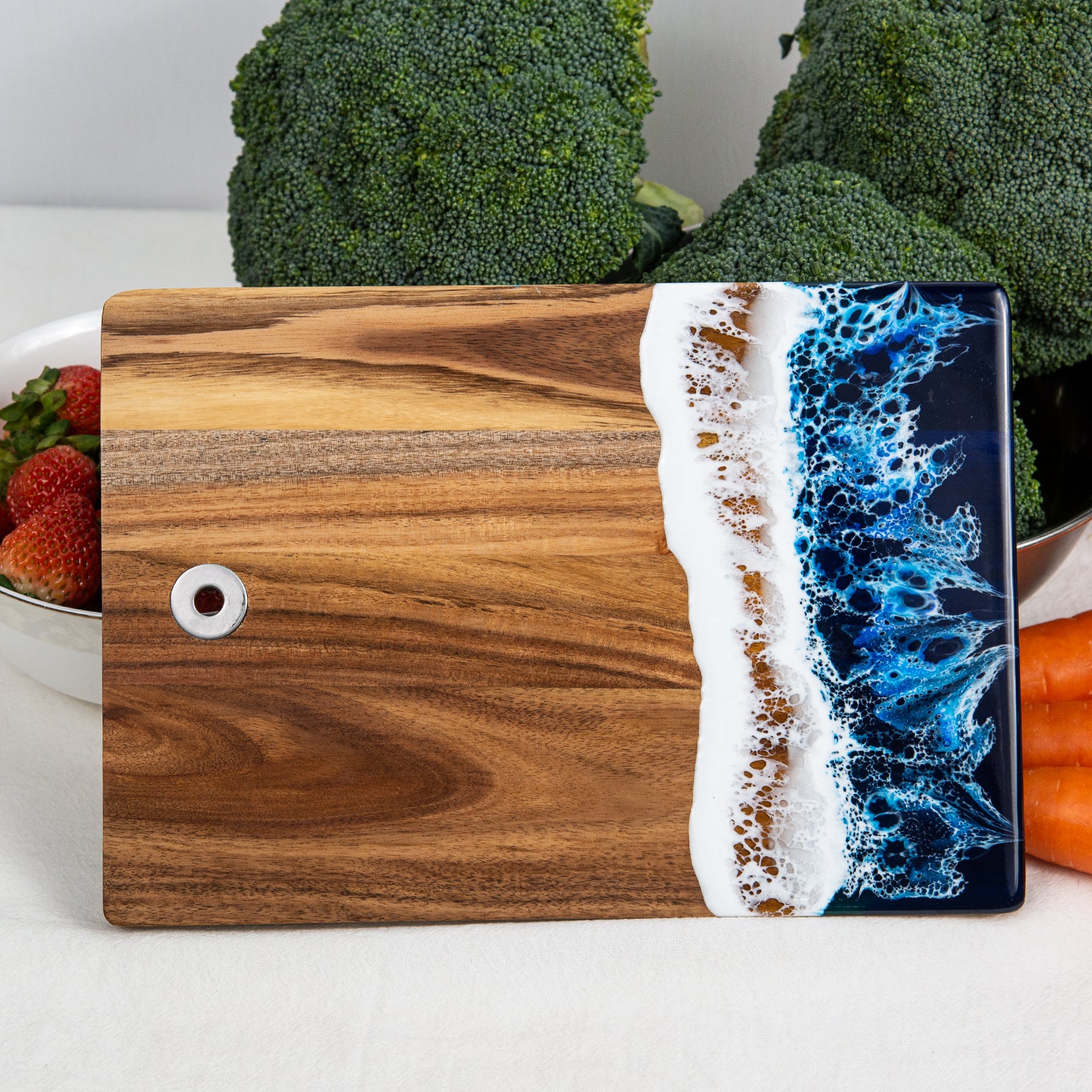 Handcrafted Acacia Wood Cutting Board with Ocean Wave Resin Inlay & Hanging Hole