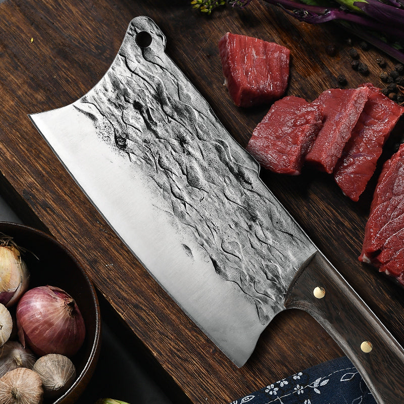 Handcrafted 8" Cleaver Knife – High Carbon Steel with Hammered Blade and Wooden Handle