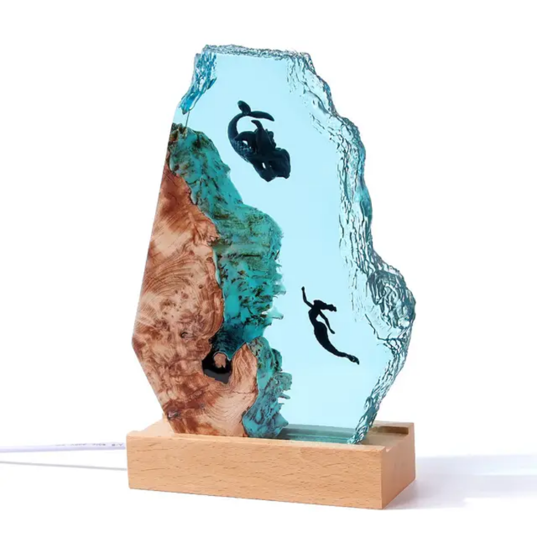 Epoxy Resin Ocean Lamp with Wooden Base