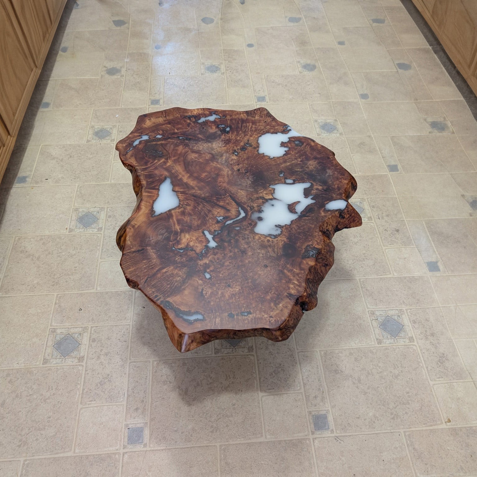 Live Edge Burl Wood & White Resin Coffee Table – Modern Rustic Elegance