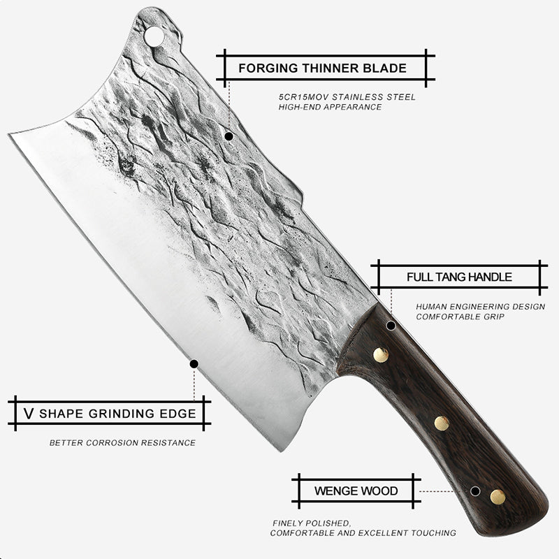 Handcrafted 8" Cleaver Knife – High Carbon Steel with Hammered Blade and Wooden Handle