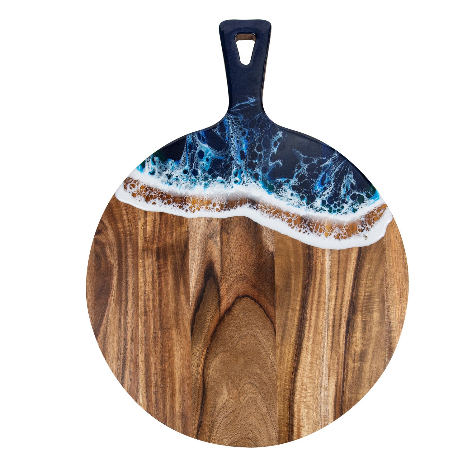 Handcrafted Round Acacia Cutting Board with Epoxy Resin Ocean Design & Handle