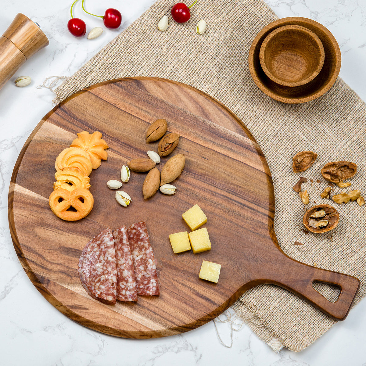 Handcrafted Round Wooden Cutting Board with Handle