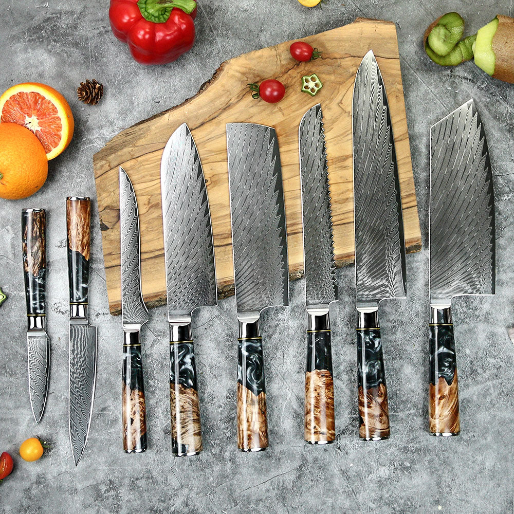 8pcs Damascus Steel Epoxy Knife Set – Versatile & Artistic Kitchen Tools