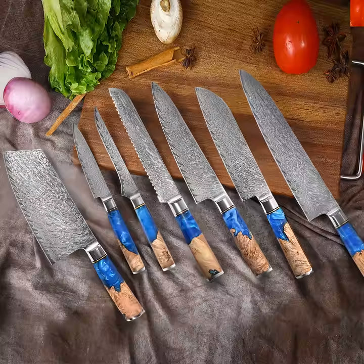 8pcs Damascus Steel Epoxy Knife Set – Versatile & Artistic Kitchen Tools