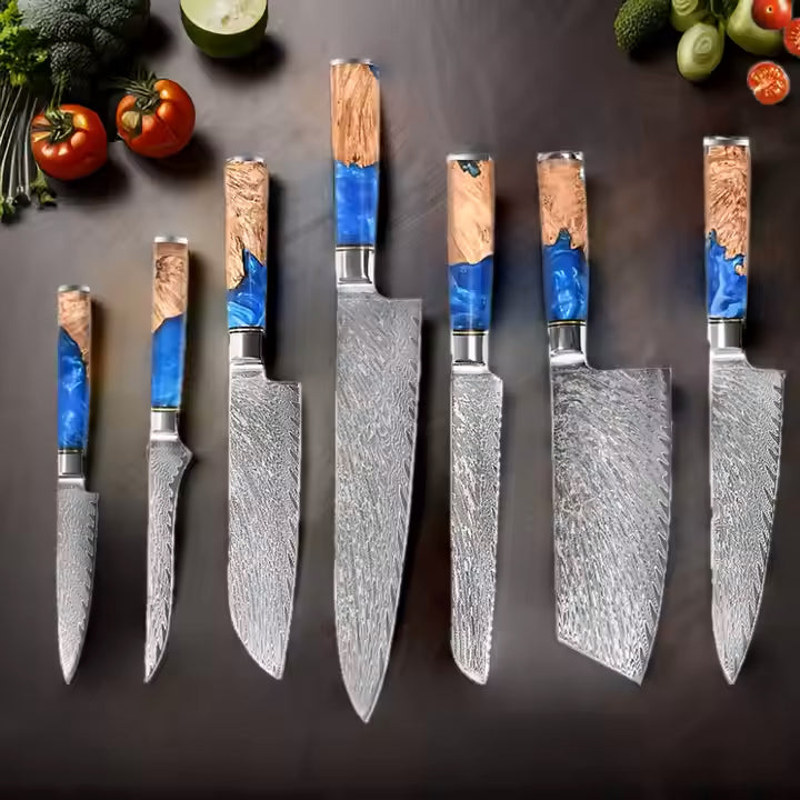 8pcs Damascus Steel Epoxy Knife Set – Versatile & Artistic Kitchen Tools