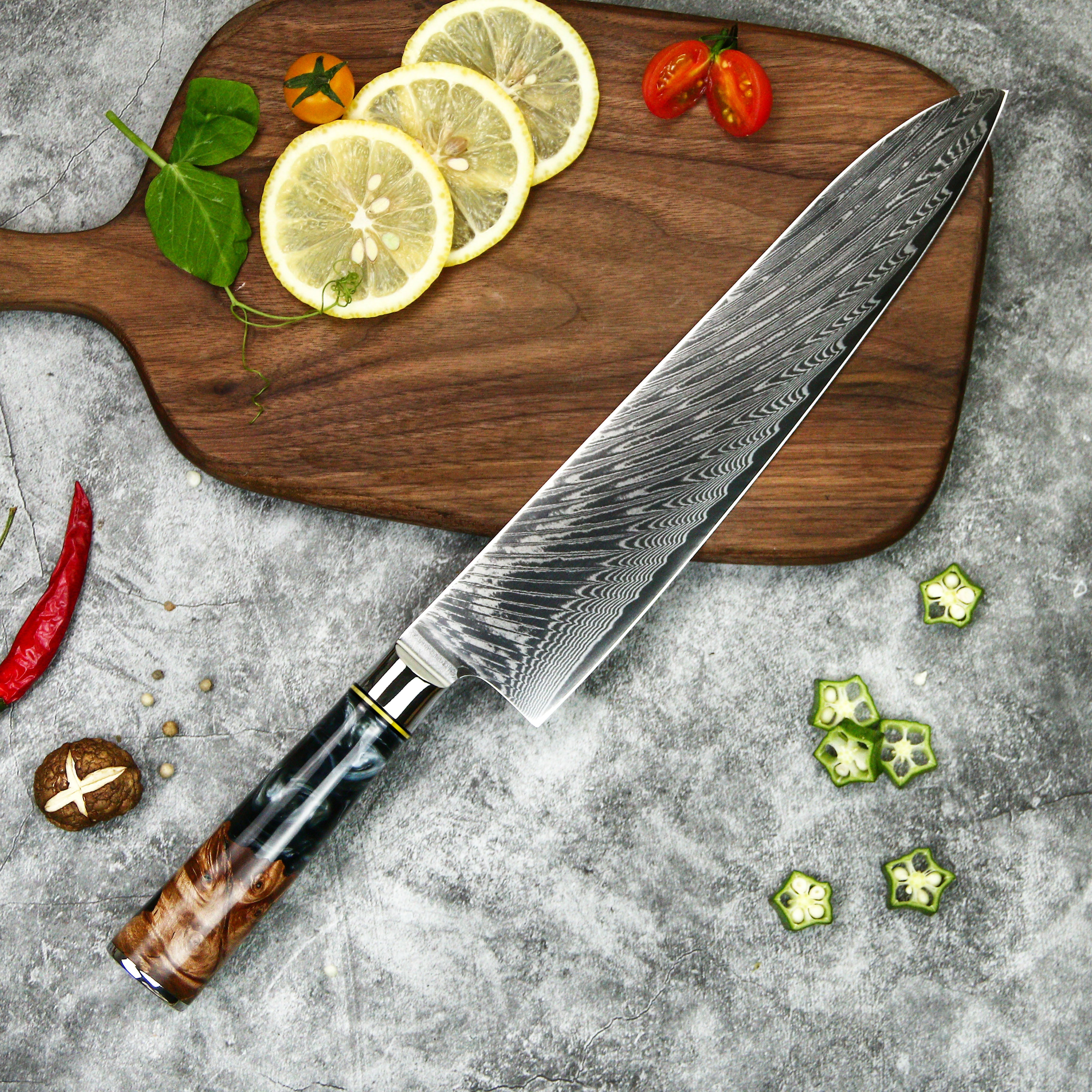 9.5" Chef Knife – Multipurpose Damascus Knife with Epoxy Resin Handle