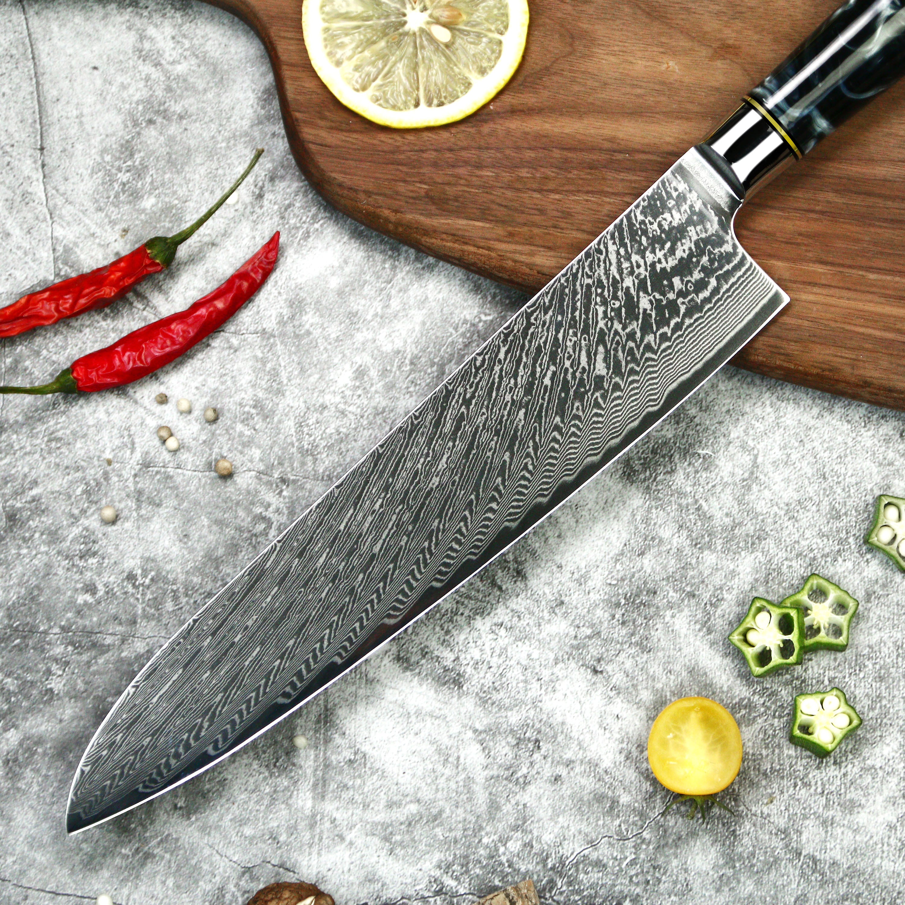 9.5" Chef Knife – Multipurpose Damascus Knife with Epoxy Resin Handle