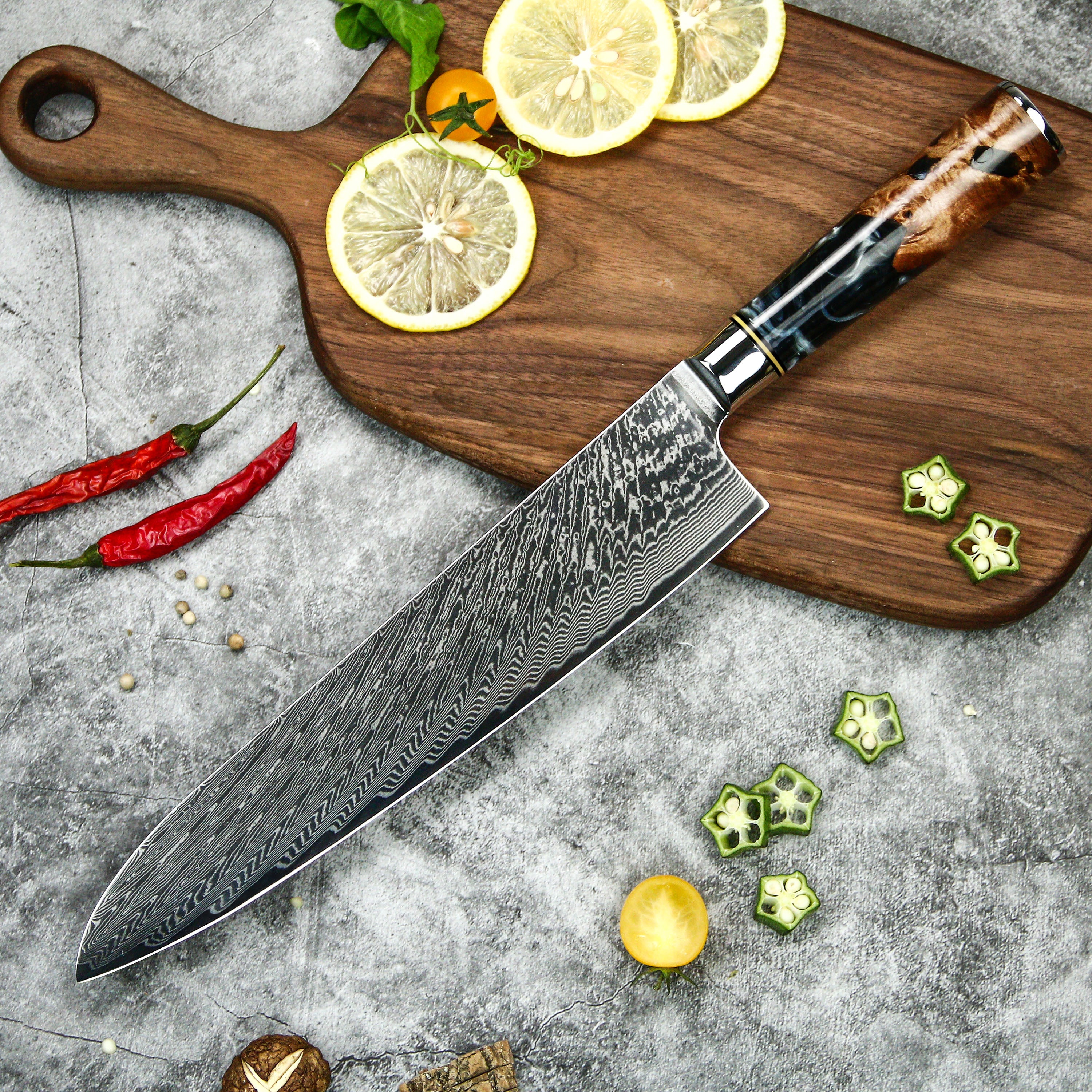 9.5" Chef Knife – Multipurpose Damascus Knife with Epoxy Resin Handle