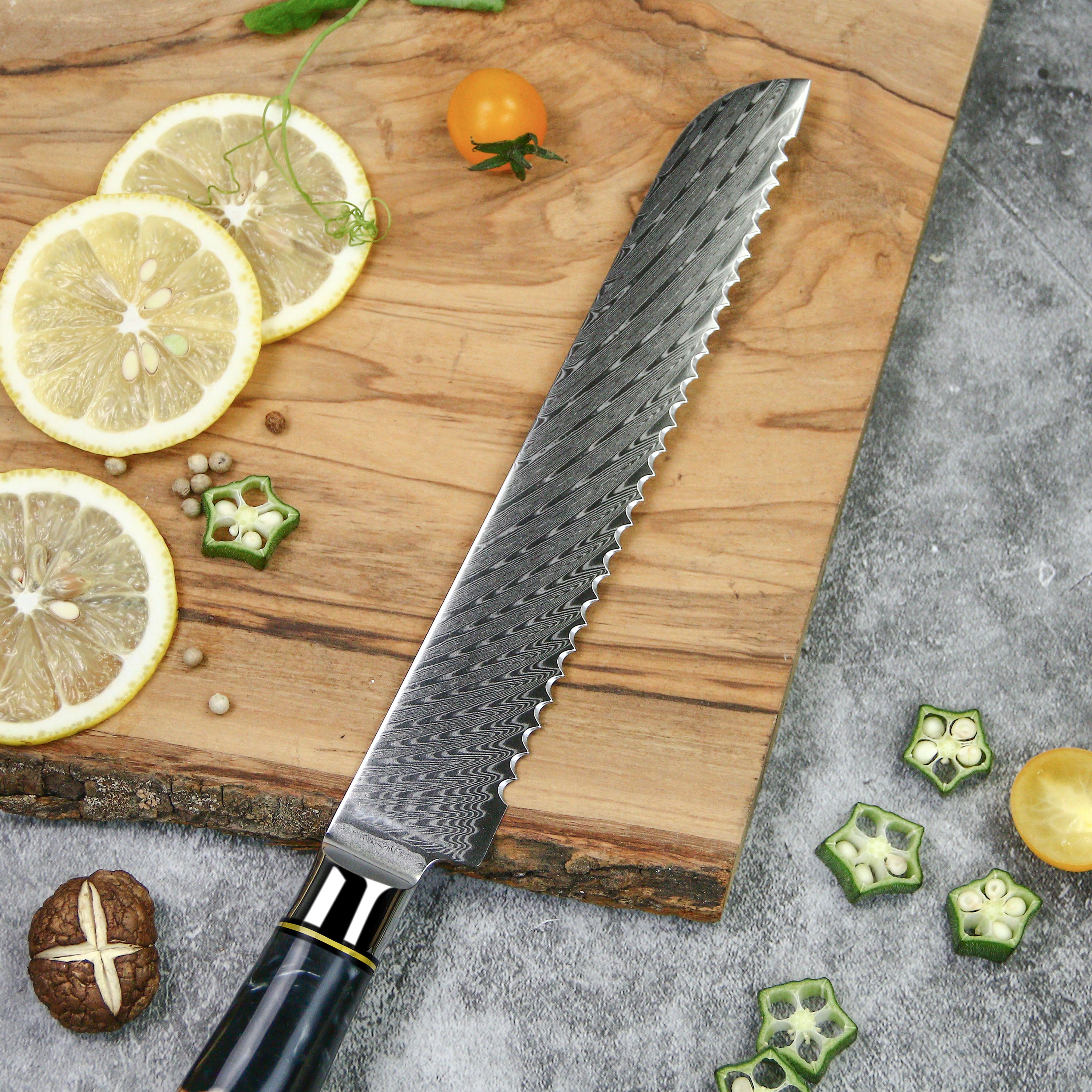 7.5" Bread Knife – Serrated Damascus Blade with Epoxy Handle