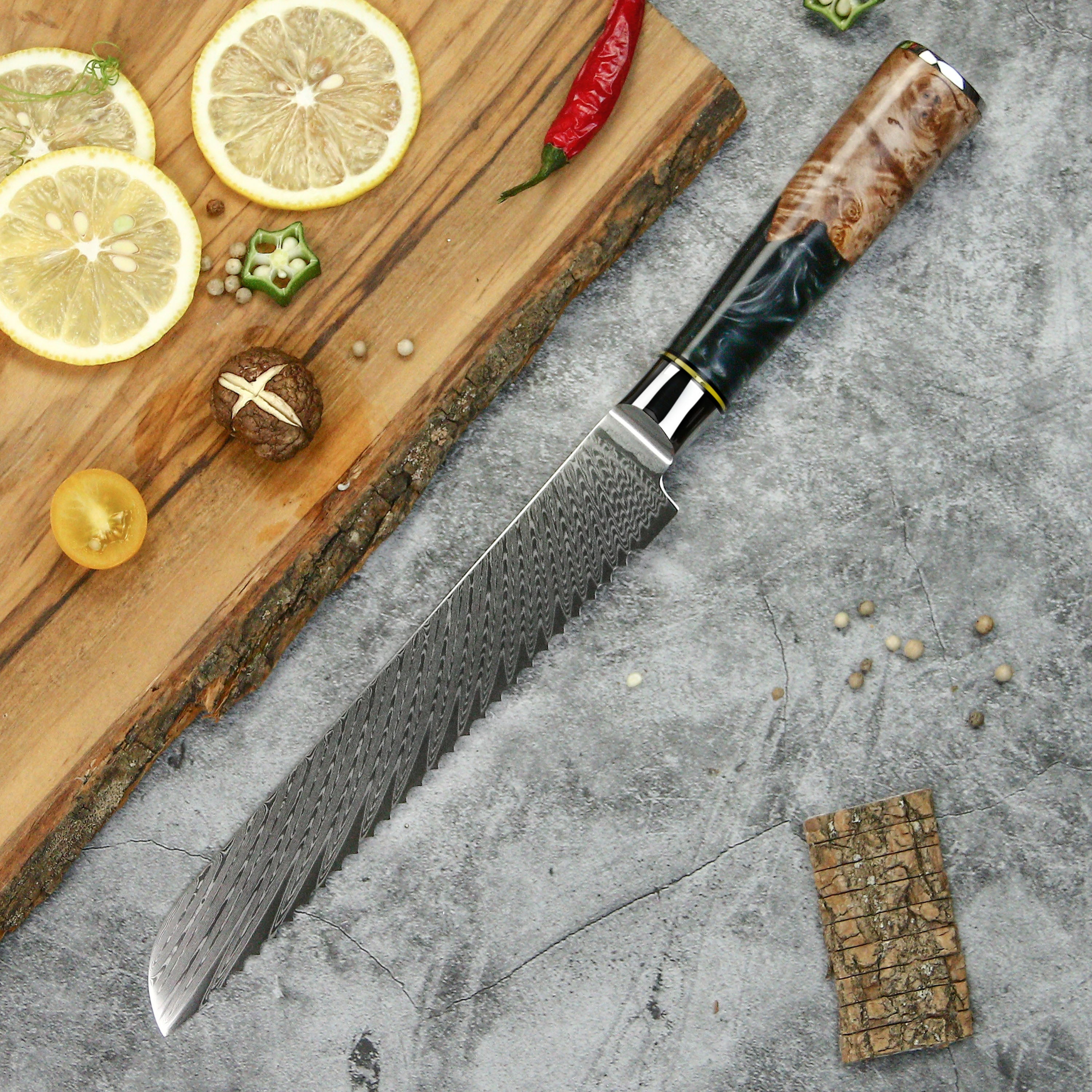 7.5" Bread Knife – Serrated Damascus Blade with Epoxy Handle