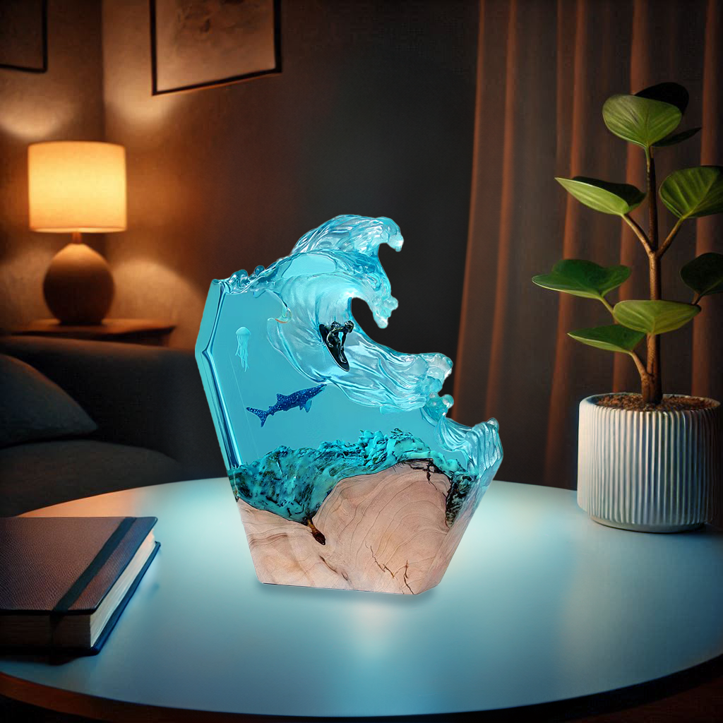 Epoxy Resin Ocean Lamp with Wooden Base