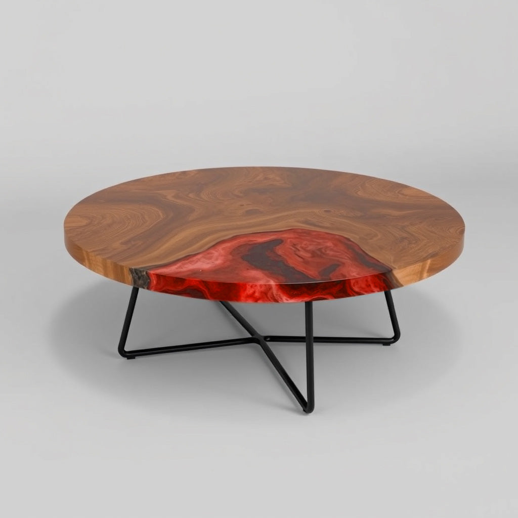 Round Wood & Epoxy Resin Coffee Table – Geometric Metal Base