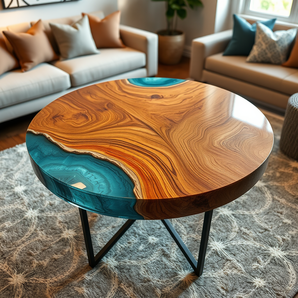 Round Ocean Blue Epoxy Resin & Wood Coffee Table – Handmade Artistic Design