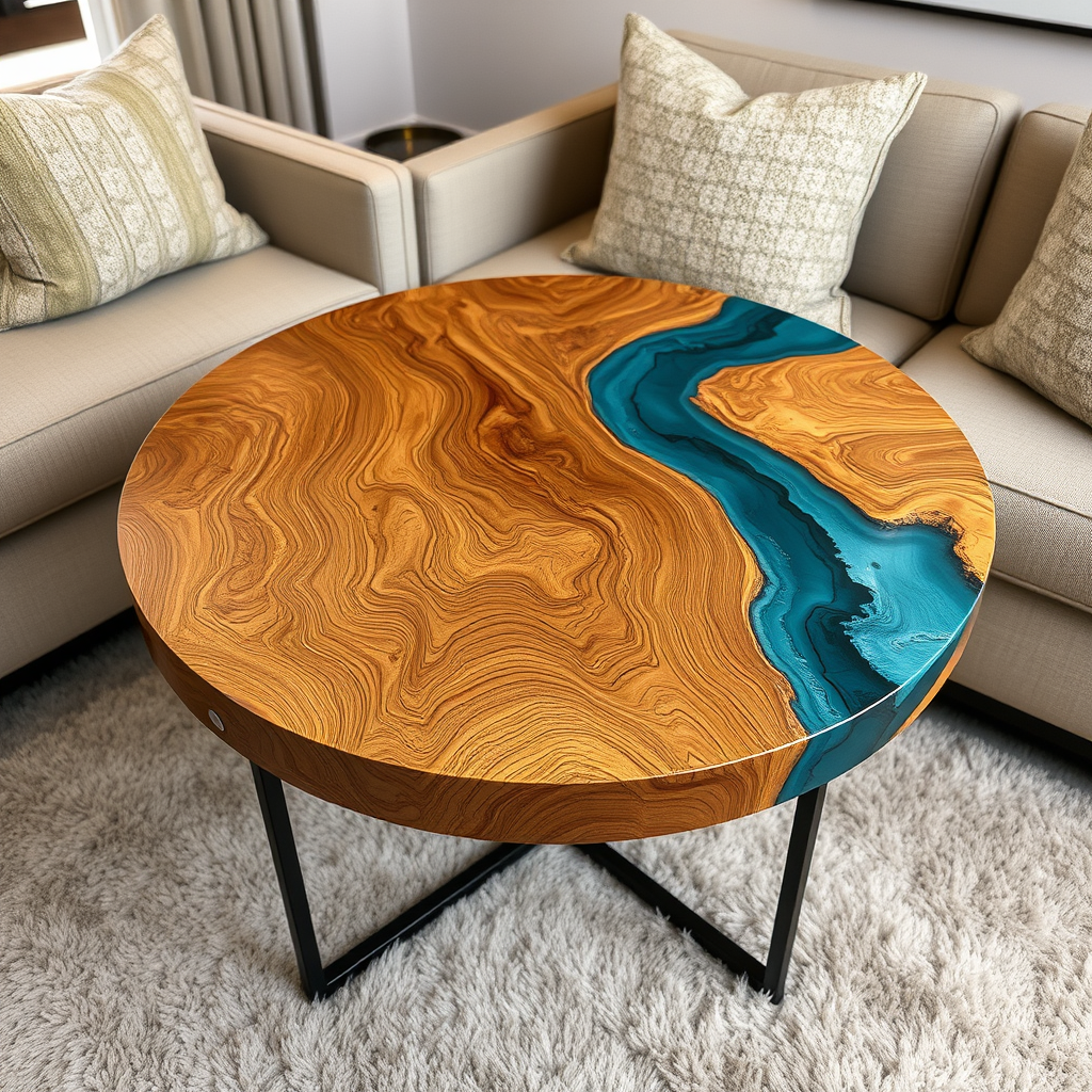 Round Ocean Blue Epoxy Resin & Wood Coffee Table – Handmade Artistic Design