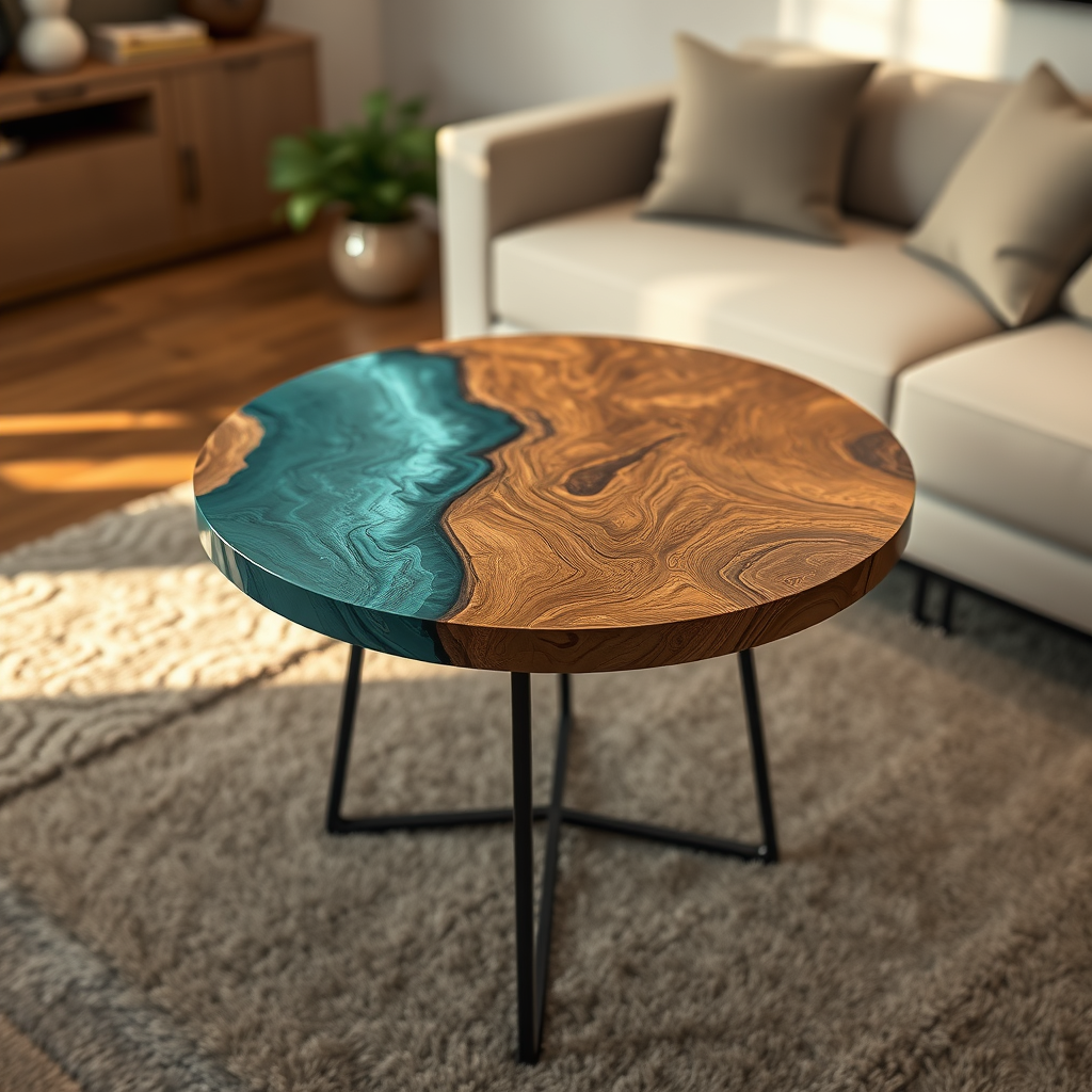 Round River Blue Epoxy Resin & Wood Coffee Table – Handmade Modern Design