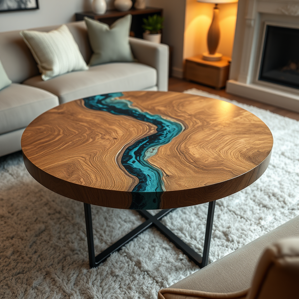 Round Ocean Blue Epoxy Resin & Wood Coffee Table – Handmade Artistic Design