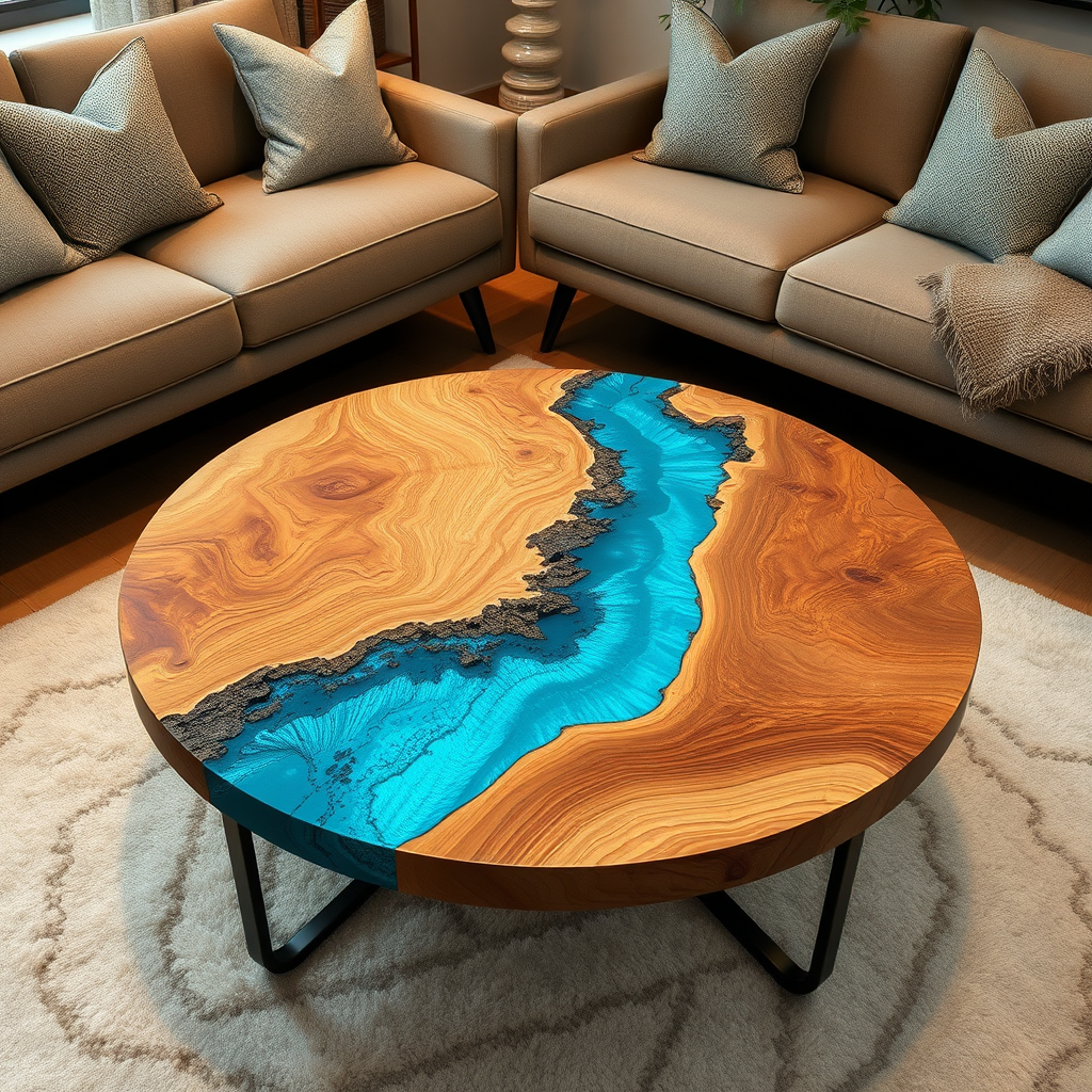 Round Ocean Blue Epoxy Resin & Wood Coffee Table – Handmade Artistic Design