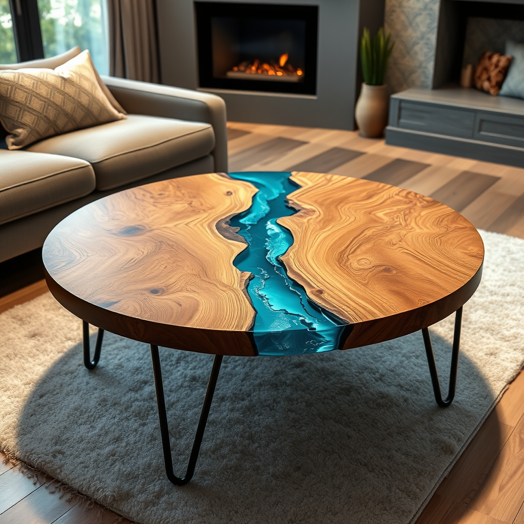 Luxury Round Epoxy Resin & Wood Coffee Table – Unique River Design for Modern Spaces