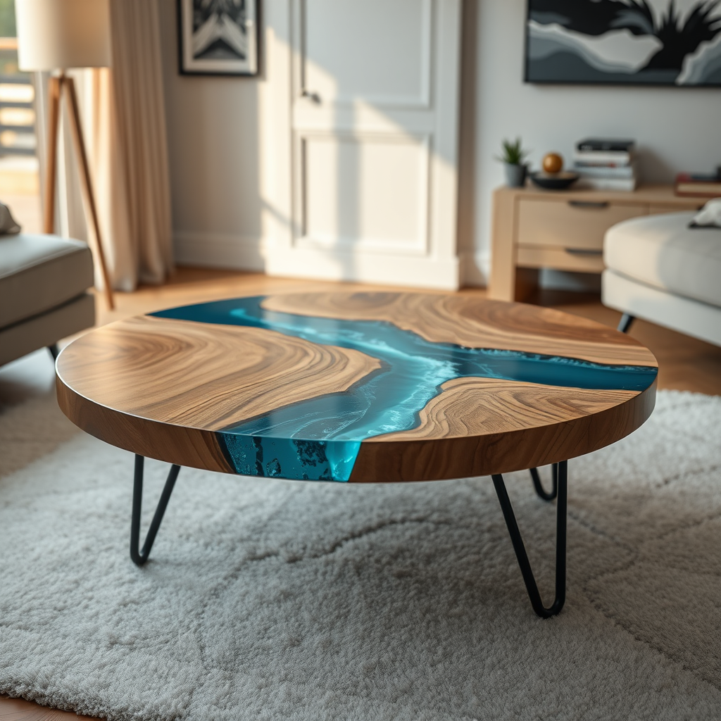 Luxury Round Epoxy Resin & Wood Coffee Table – Unique River Design for Modern Spaces