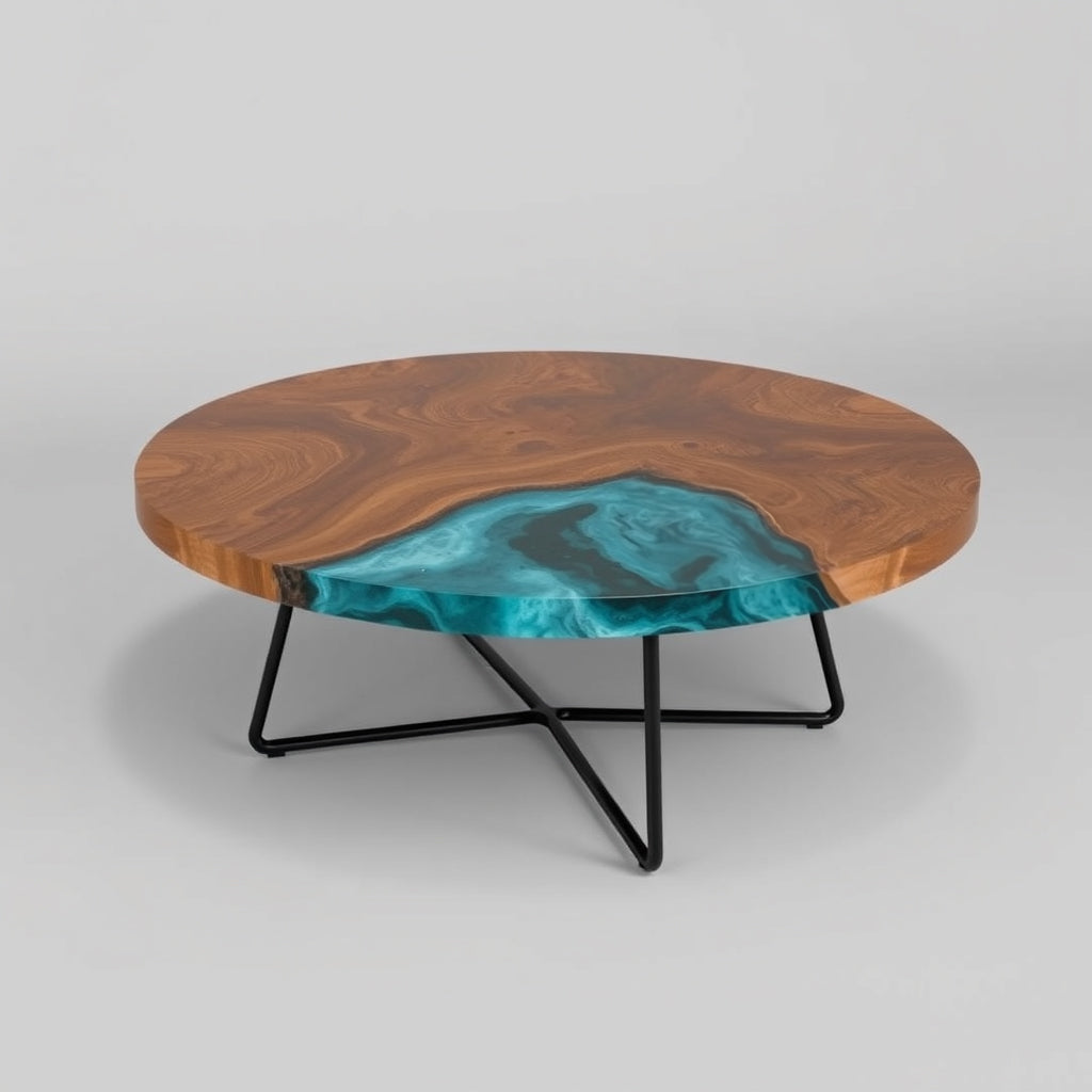 Round Wood & Epoxy Resin Coffee Table – Geometric Metal Base