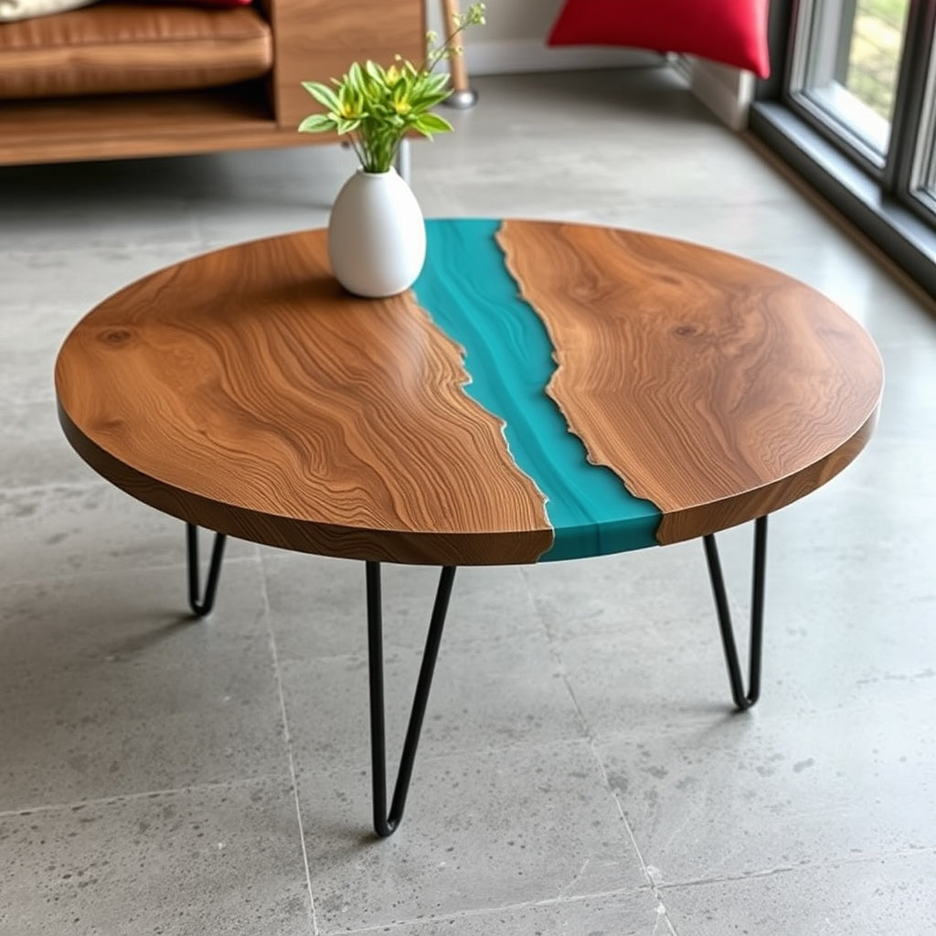 Luxury Round Epoxy Resin & Wood Coffee Table – Unique River Design for Modern Spaces