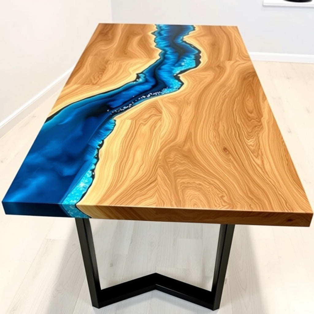 Epoxy Resin River Table with Vibrant Blue Stream – Modern Dining Table