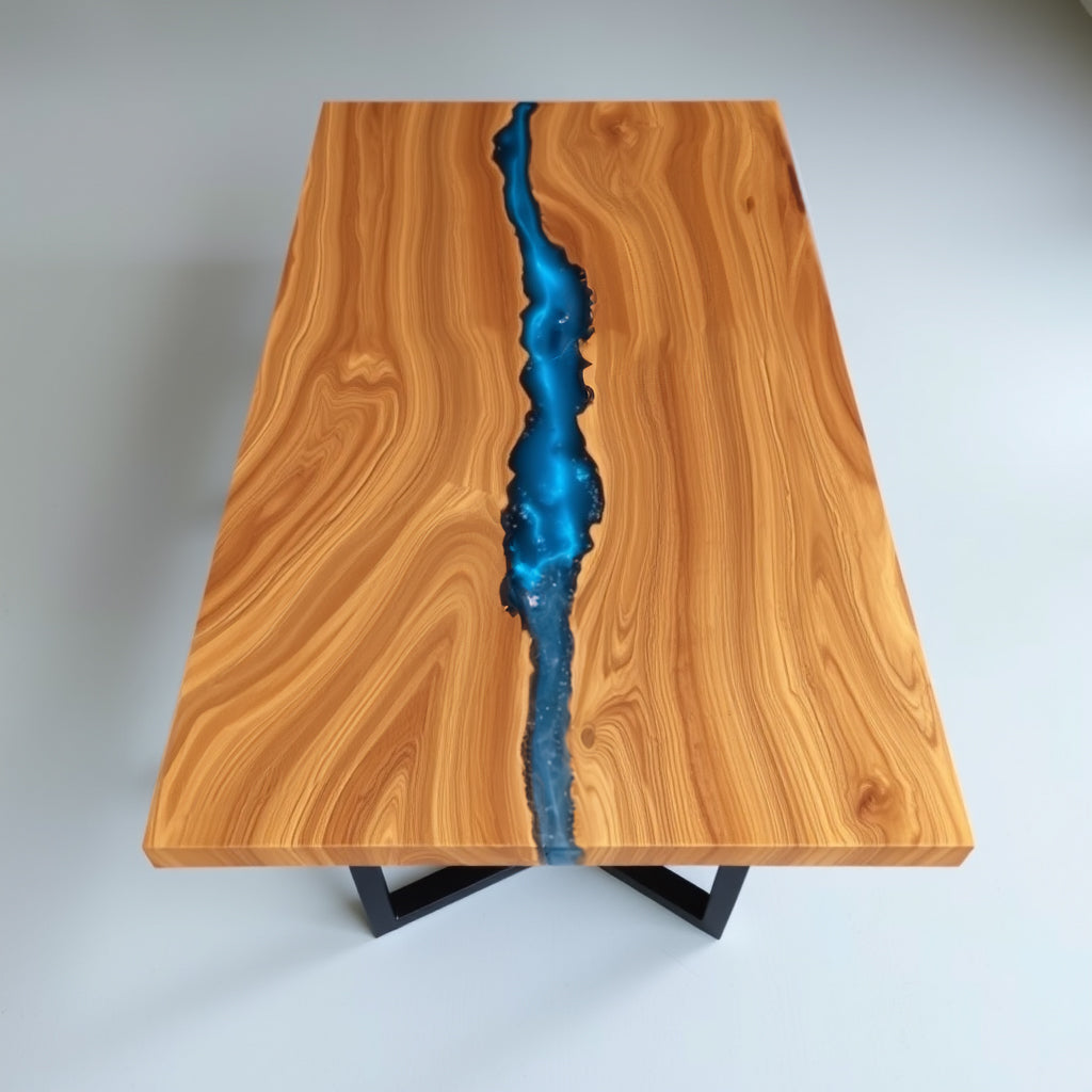 Epoxy Resin River Table with Vibrant Blue Stream – Modern Dining Table