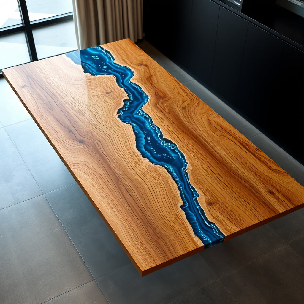 Epoxy River Dining Table with Vibrant Blue Resin – Sleek Modern Design