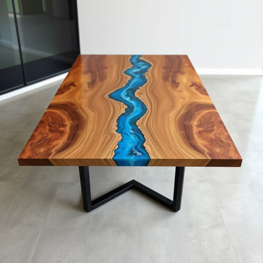 Epoxy River Dining Table with Vibrant Blue Resin – Sleek Modern Design