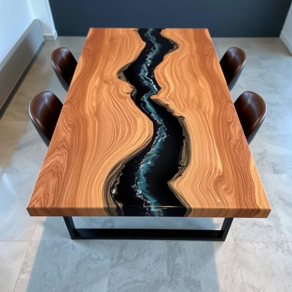 Modern Epoxy River Dining Table with Black Resin – Sleek and Elegant