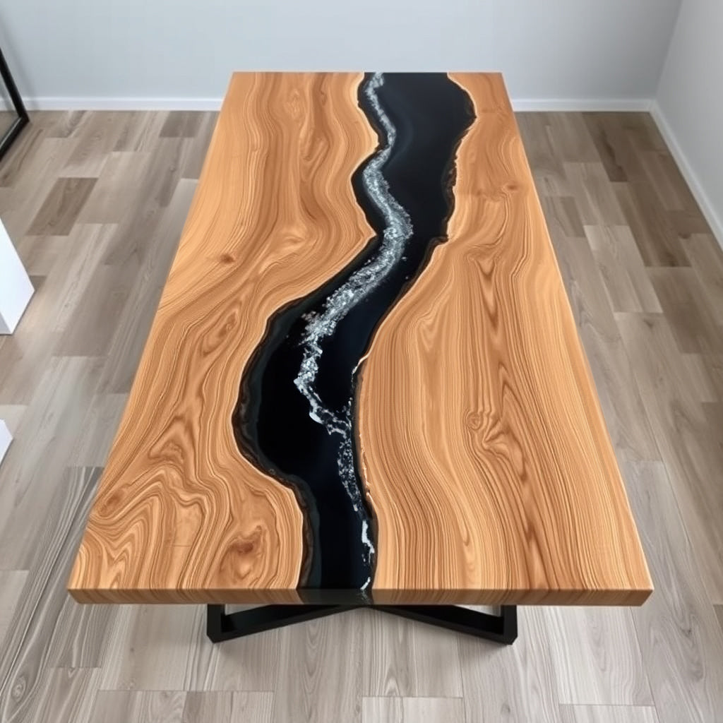 Modern Epoxy River Dining Table with Black Resin – Sleek and Elegant