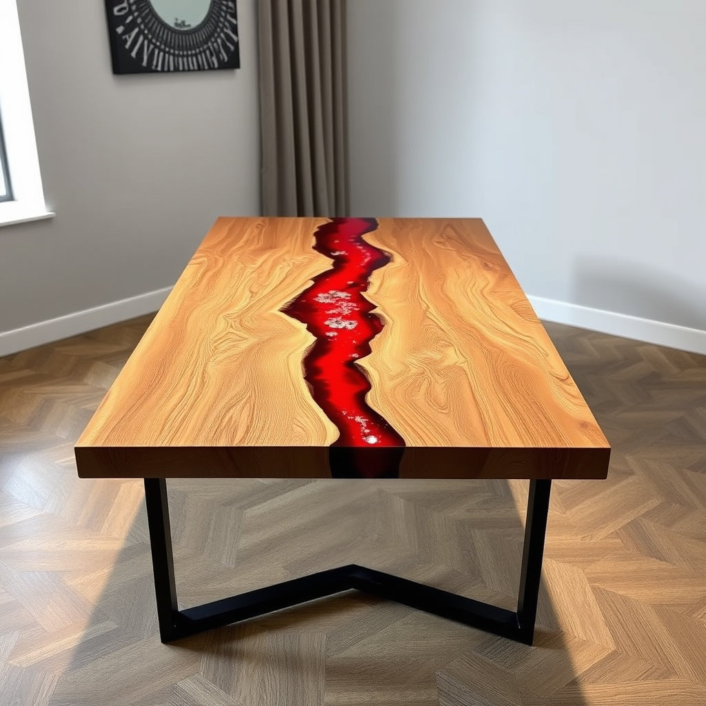 Custom Live Edge Epoxy River Dining Table - Striking Red Resin Design