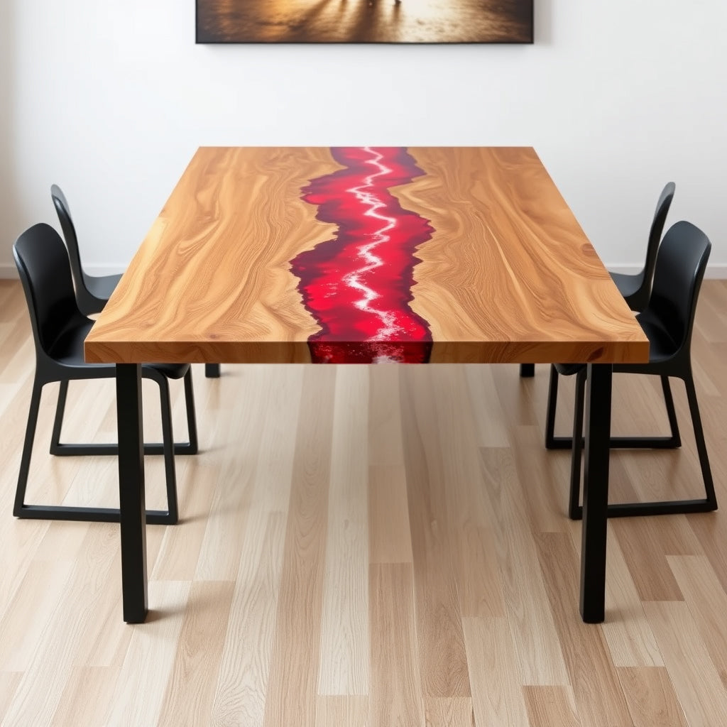 Custom Live Edge Epoxy River Dining Table - Striking Red Resin Design