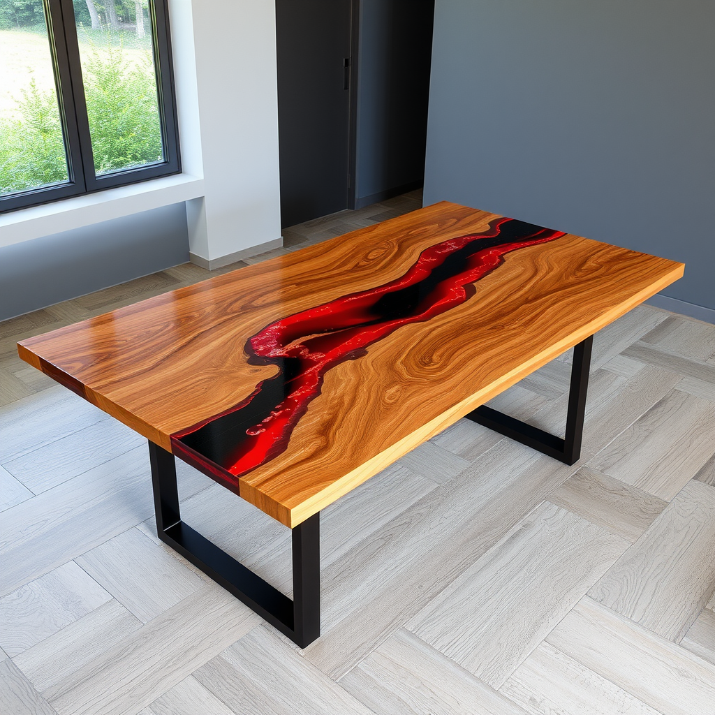 Custom Epoxy Resin Dining Table - Premium Wood with Red & Black Resin