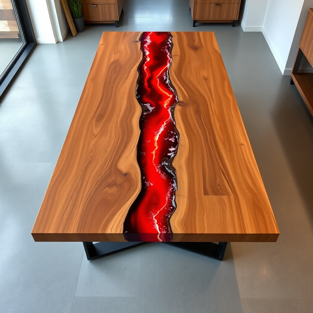 Custom Epoxy Resin Dining Table - Premium Wood with Red & Black Resin