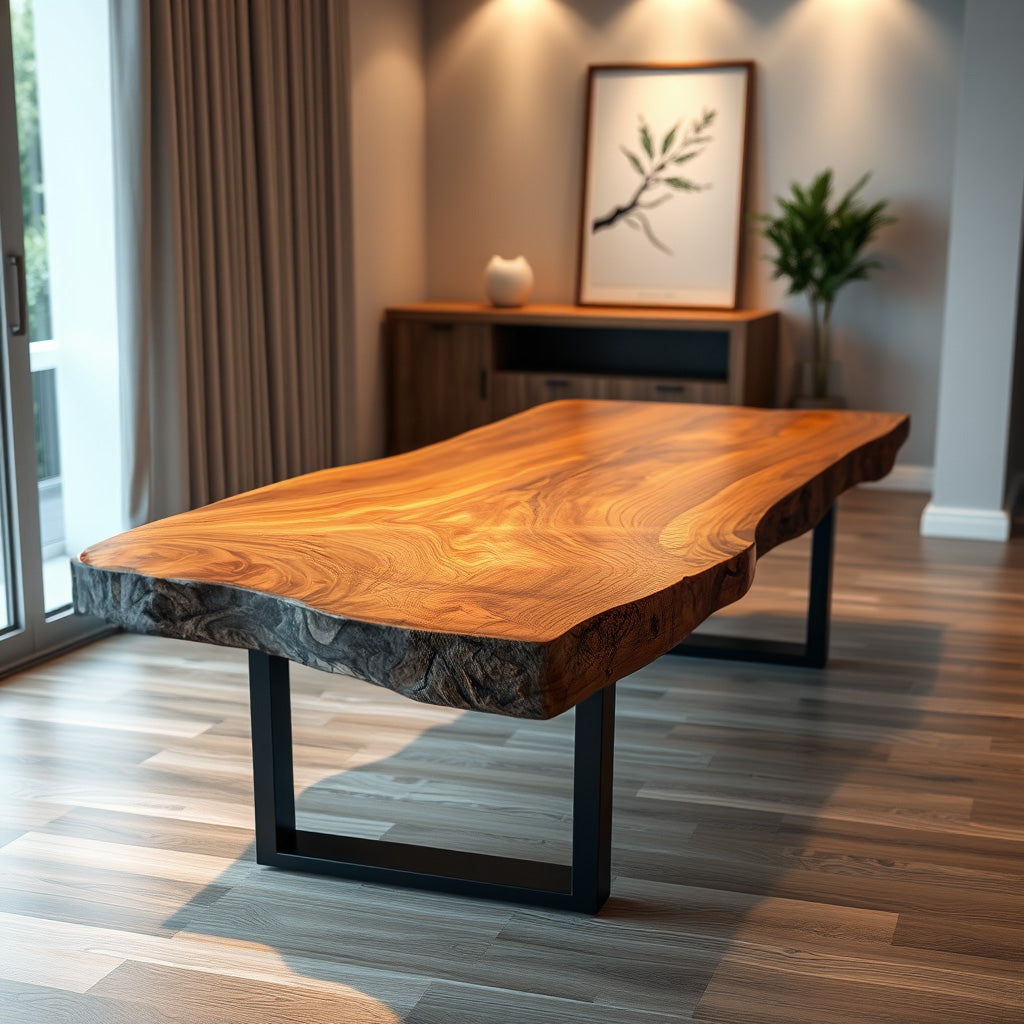 Luxury Live Edge Wood Dining Table – Handmade Solid Wood with Metal Base