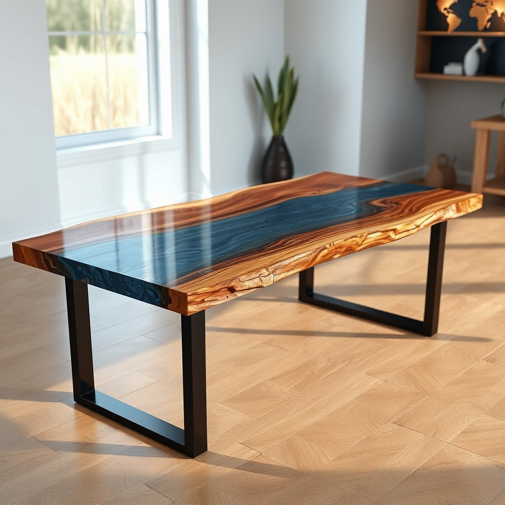 Live Edge Wood & Blue Epoxy Resin Dining Table – Black Metal Base