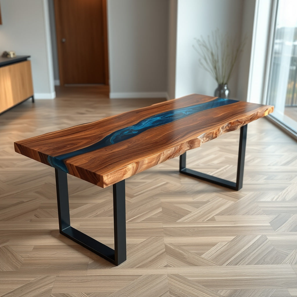 Live Edge Wood & Blue Epoxy Resin Dining Table – Black Metal Base