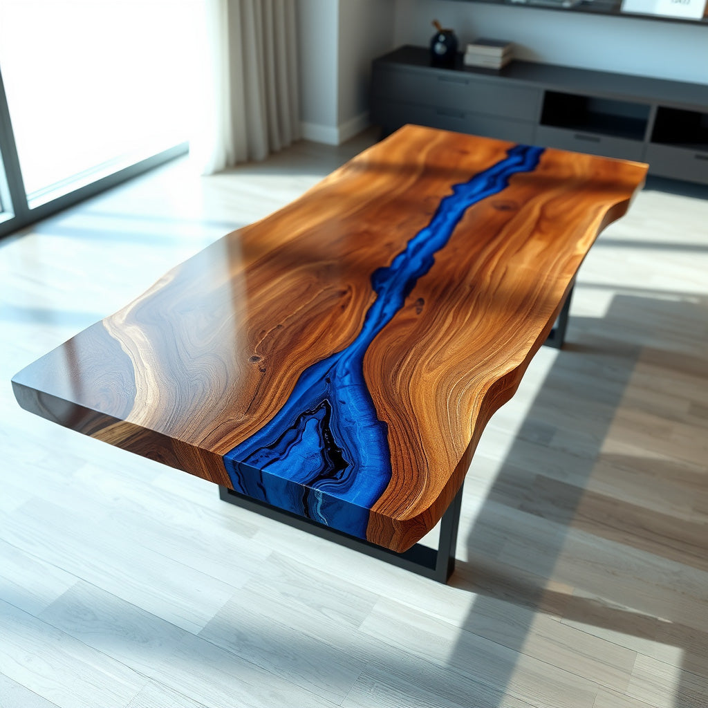 Live Edge River Table with Blue Epoxy Resin – Black Metal Base