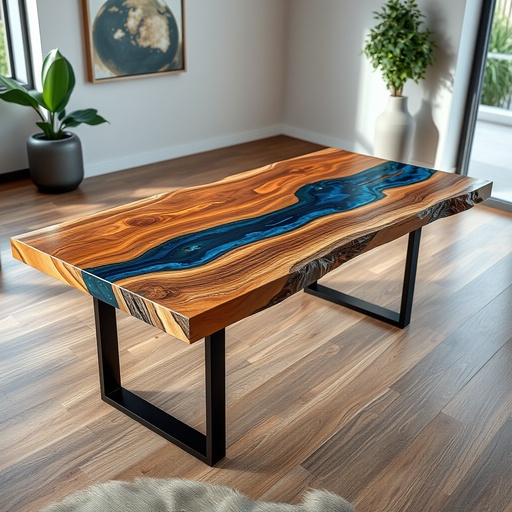 Live Edge Wood & Blue Epoxy Resin Dining Table – Black Metal Base