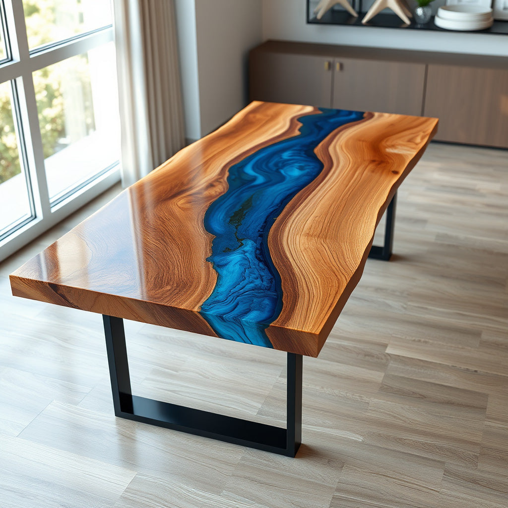 Live Edge River Table with Blue Epoxy Resin – Black Metal Base